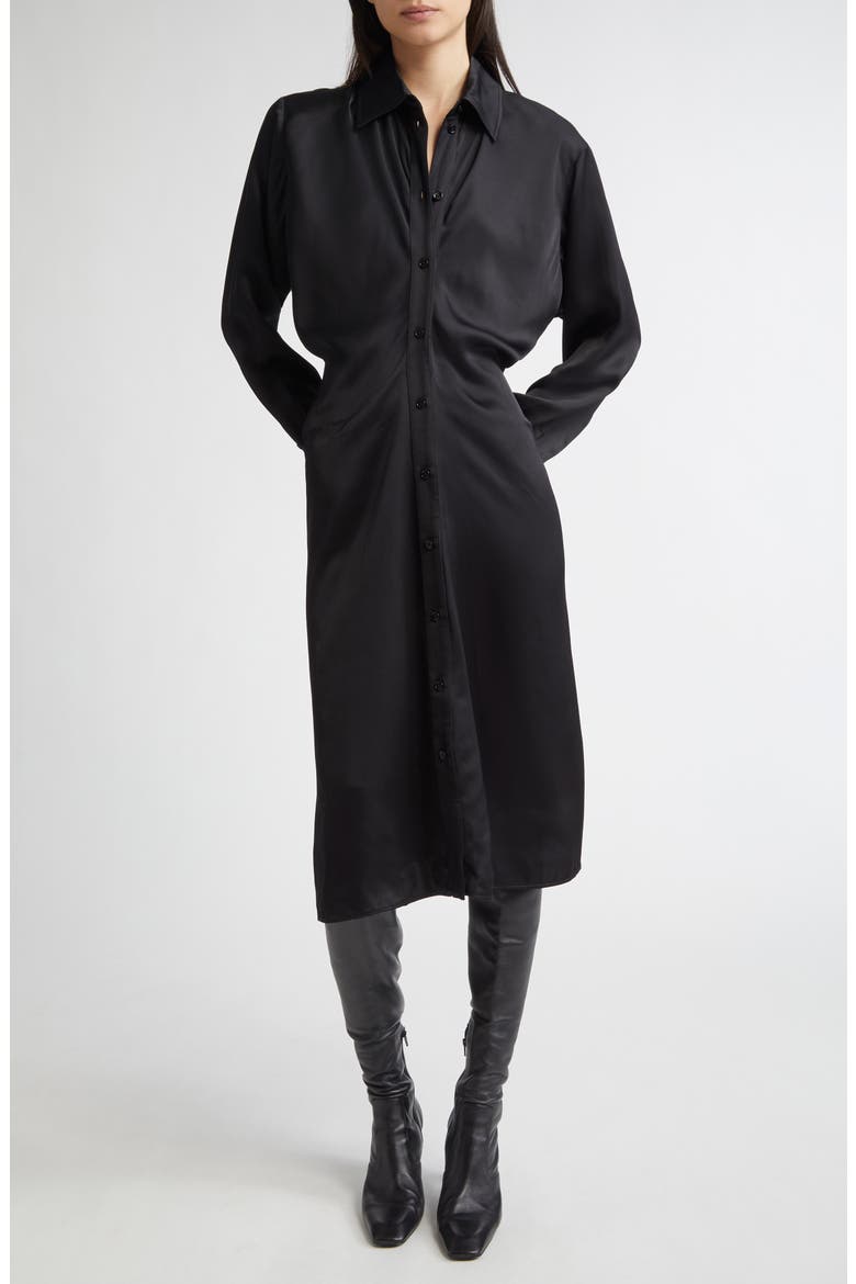 Slouch Long Sleeve Crepe Satin Midi Shirtdress