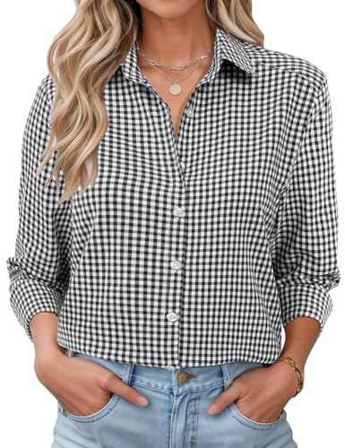 Rapbin Cotton Blouses for Women Uk Long Sleeve Button Down Shirts Casual V Neck Ladies Tops Work Shirt Black and White Plaid L(uk 16-18)