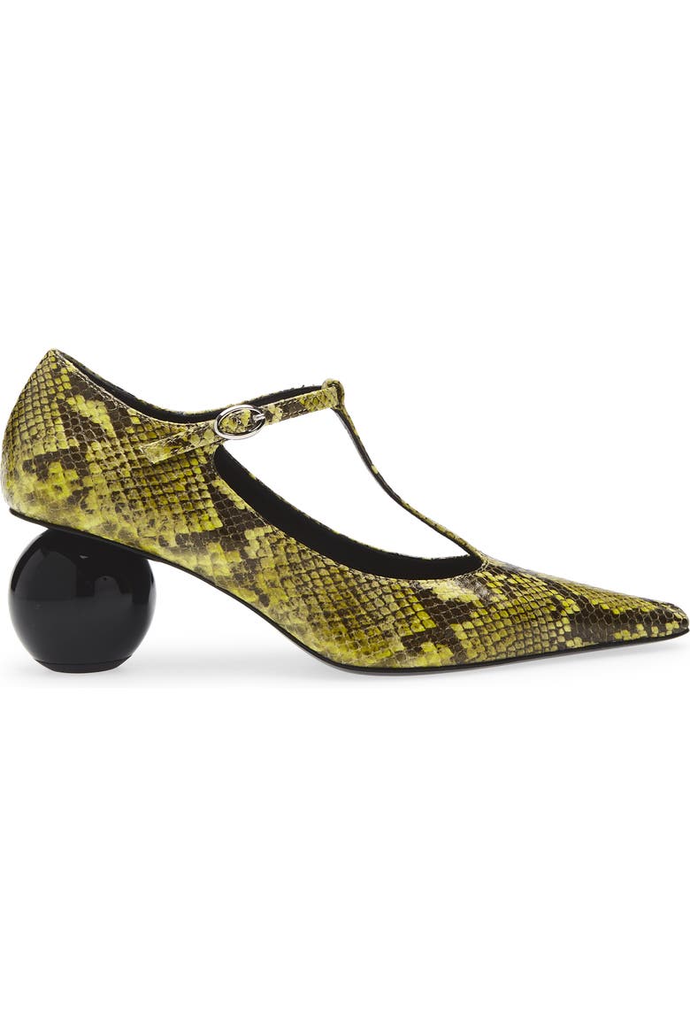 Orb T-Strap Pointed Toe Snakeskin Embossed Leather Pump