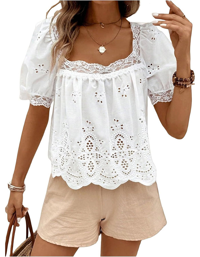 Sweatyrocks Women's Square Neck Puff Sleeve Eyelet Lace Hollow Out Embroidered Top Blouse White Medium