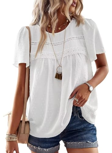 Tuuhaw Plus Size Tops for Women Keyhole Button With Elastic Loop Dressy Casual Round Neck Flowy Chiffon Blouses Summer Boho Shirts Elegant Hollow Out Cute Bardot Sexy Business Clothing White 4xl