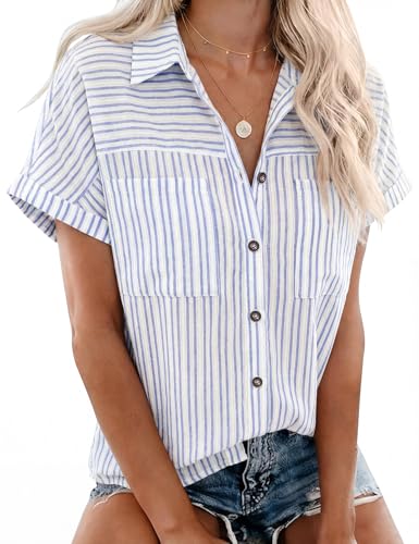 Rapbin Blouses for Women Cotton Short Sleeve V Neck Collared Button Down Shirts Ladies Summer Casual Work Holiday Tops With Pockets(blue Lace Stripes,xl)