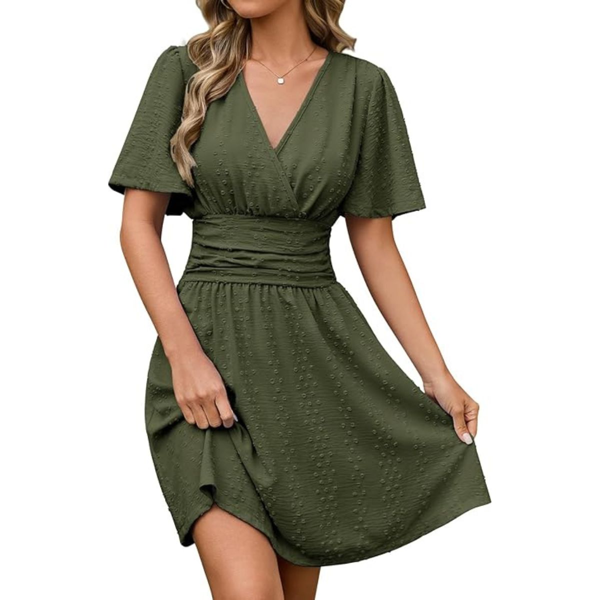 Heekpek Women's Summer Midi Dress Short Sleeve Flowy Sundress Ladies Casual Elegant Swing Wrap Solid Dress Beachdress for Wedding Holiday Party (army Green, M)