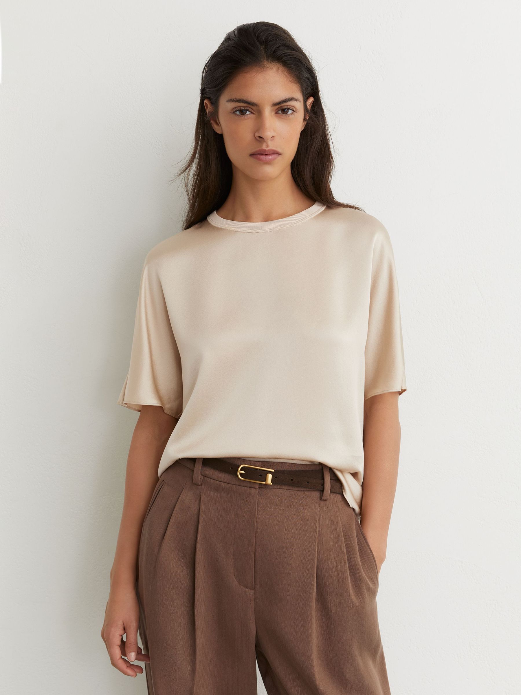 Silk Short-Sleeve Top in Champagne Neutral - Size Us 0