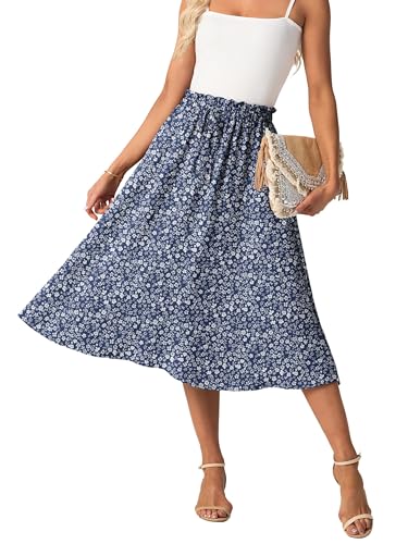 Grecerelle Womens Summer Midi Skirts Boho Flowy Casual High Waisted Palazzo A-Line Skirt With Pockets & Adjustable Tie Belt (blue White Flower, Xl)