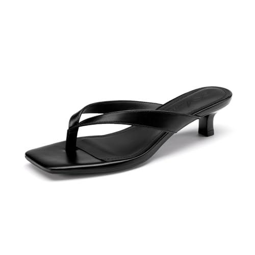 Athlefit Black Kitten Heels for Women Flip Flops Square Open Toe Summer Short Low Heels Slip on Dress Thong Sandals Black Size 5.5