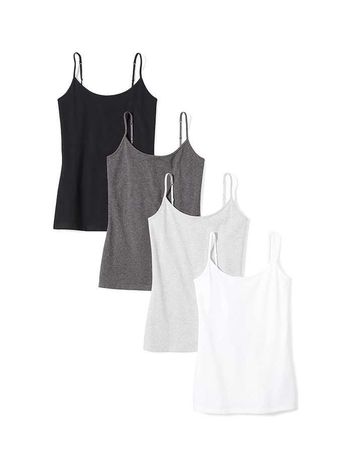 Amazon Essentials Women's Slim-Fit Camisole for Layering and Everyday Wear, Pack of 4, Black/charcoal Heather/light Grey Heather/white, Large
