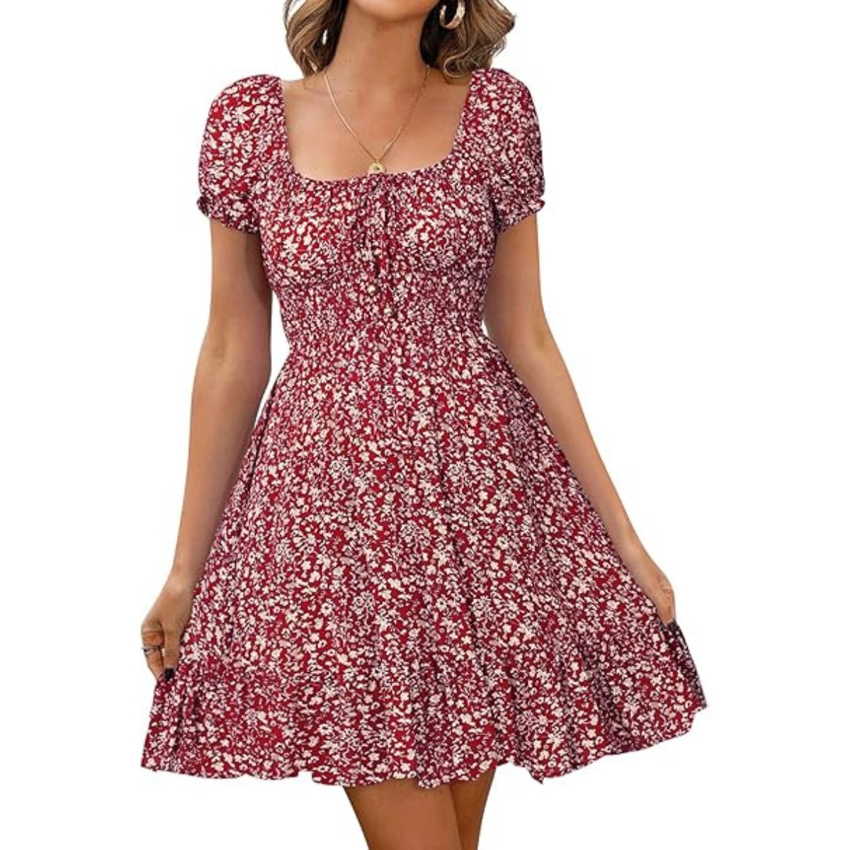 Livonmone Womens Summer Casual Sweetheart Neckline Puff Sleeve Floral Print High Waist Dress Boho Beach Mini Short Dresses (wine Red, Xl)