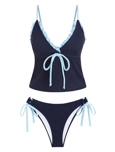 Zaful Tankini Swimsuits for Women V Neck Textured Knot Tie Ruffle Trim Bikini Swimsuit Tie Side 2 Pieces Bathing Suit (3-Blue, S)