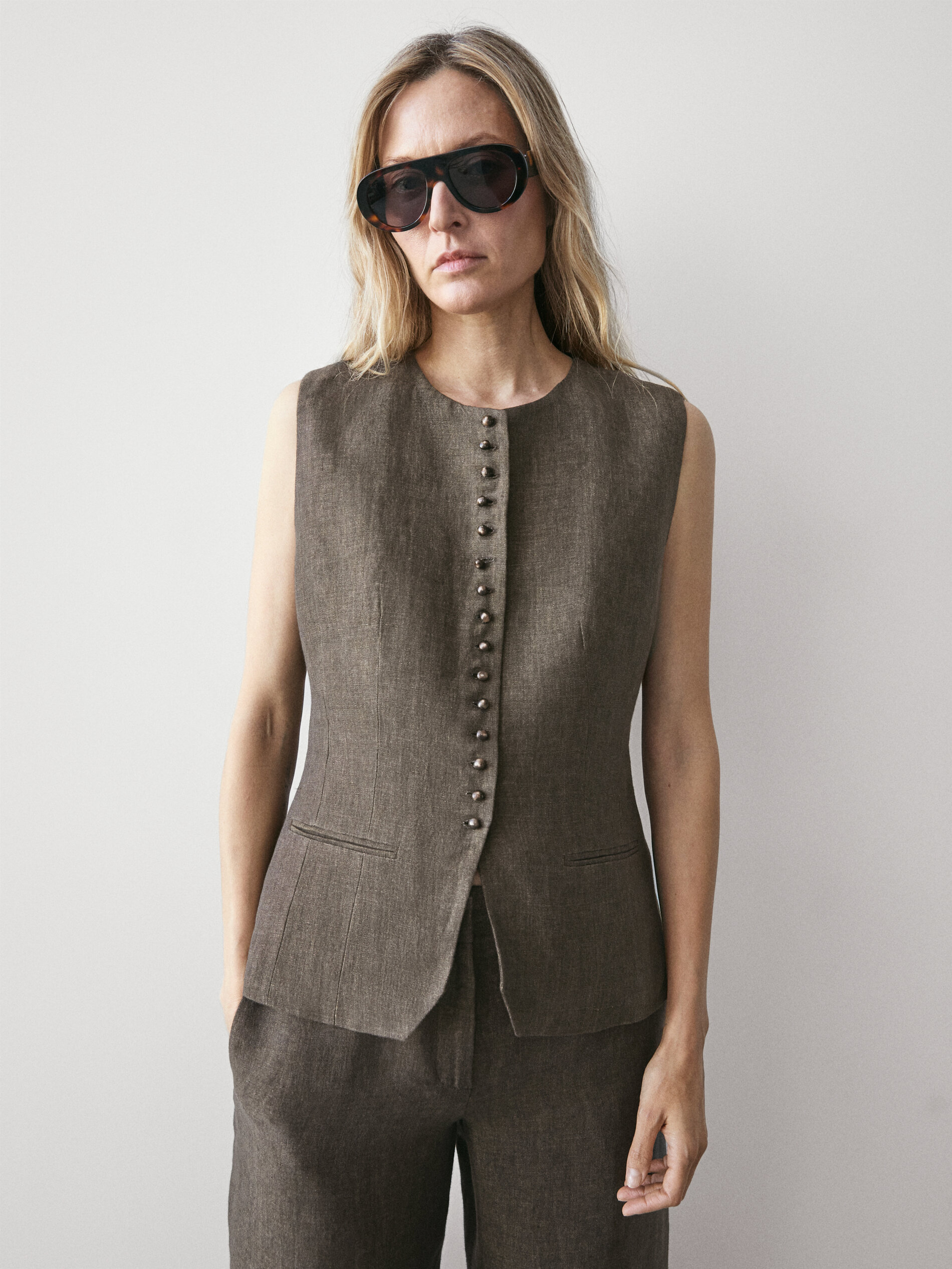 100% Linen Vest With Button Detail