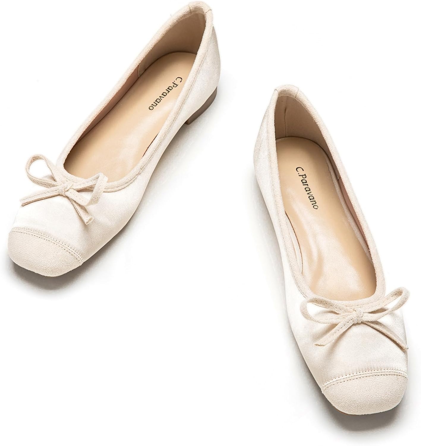 C.paravano Ballet Flats | Square Toe Shoes | Bow Slip Ons | Ballet Shoes for Women | Dressy Flats for Women (size 7.5,champagne)