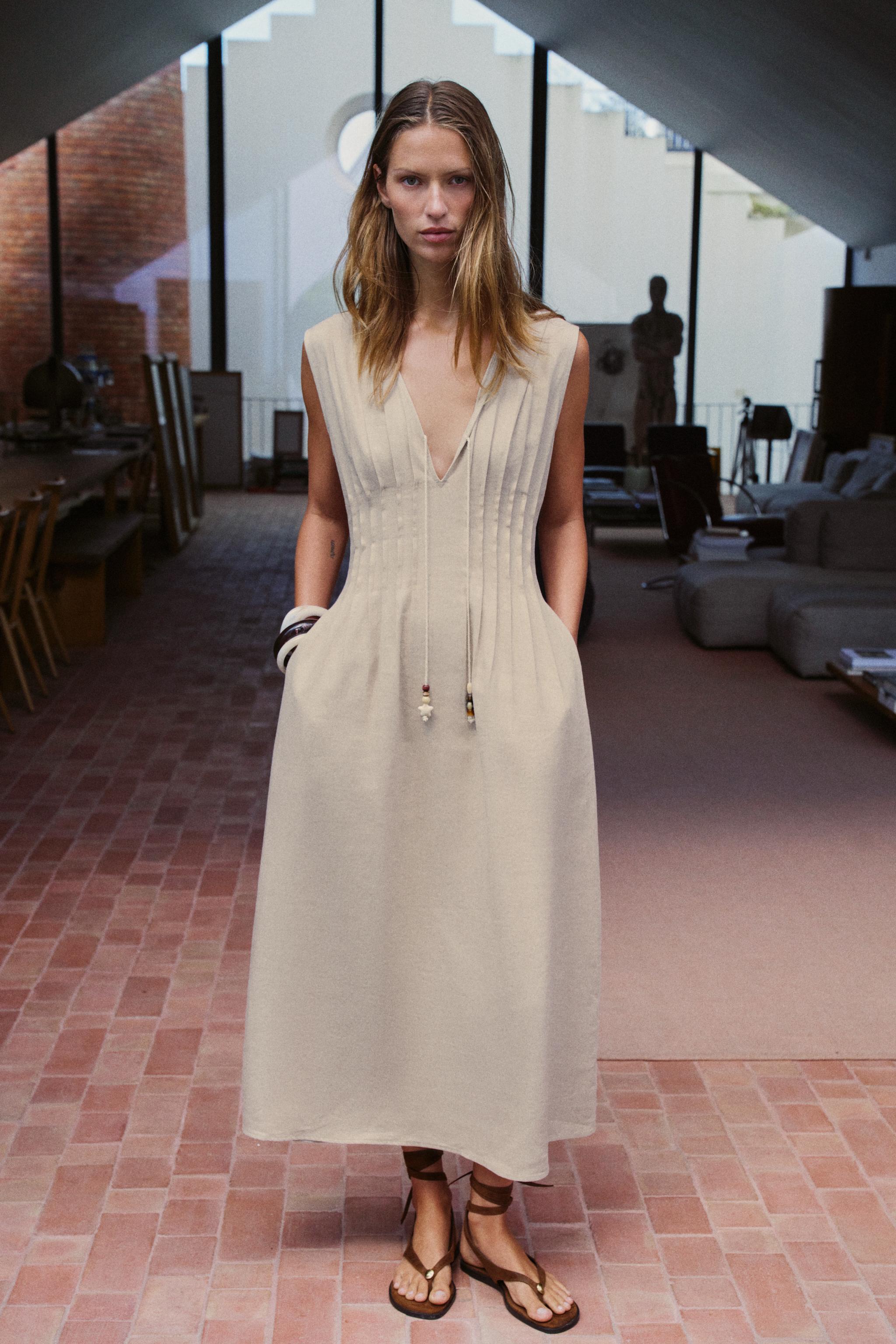 Drawstring Linen Midi Dress