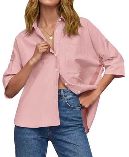 Cicy Bell Womens Summer Oversized Button Down Shirts Half Sleeve V Neck Business Casual High Low Tops Loose Fit Blouses Pink