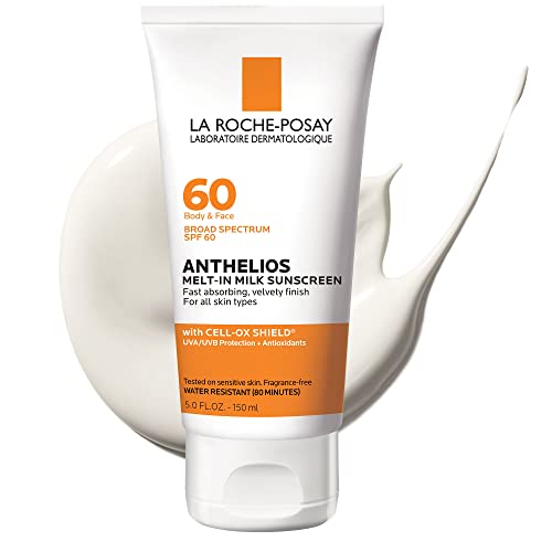 La Roche-Posay Anthelios Melt-In Milk Sunscreen Spf 60, Sunscreen for Body & Face, Broad Spectrum Spf + Antioxidants, Oil Free, Lightweight & Fast Absorbing, Oxybenzone Free