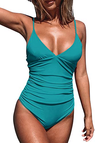 Cupshe Womens Swimwear Teal Shirring Design V-Neck Low Back One Piece Swimsuit, Medium