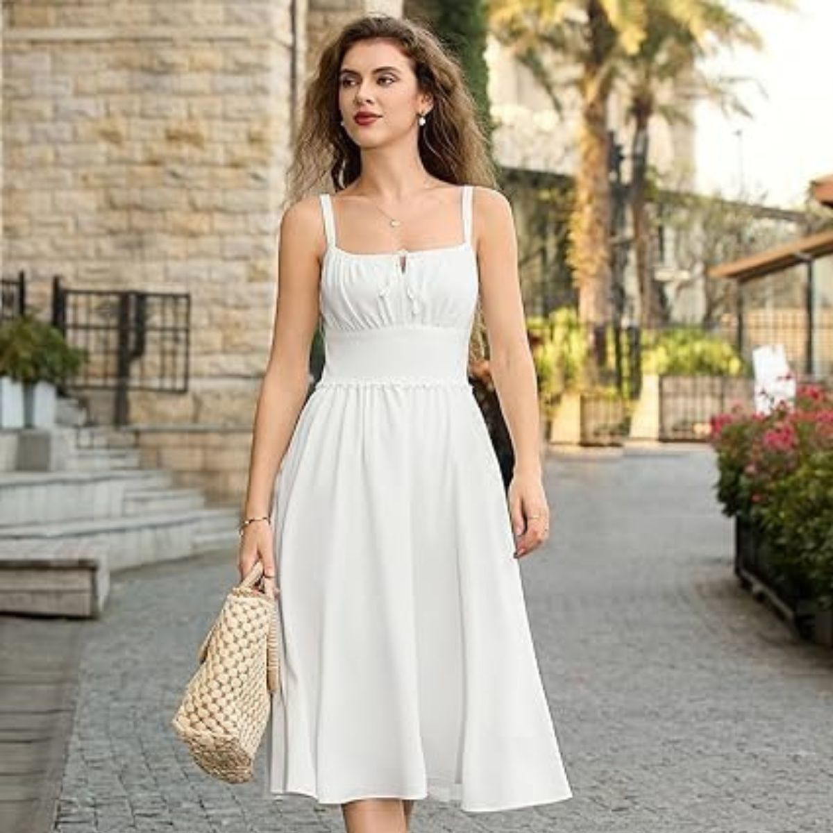 Belle Poque Summer Dresses for Women Uk Square Neck Spaghetti Strap A-Line Midi Sundress Casual Holiday Beach Dress White 2xl