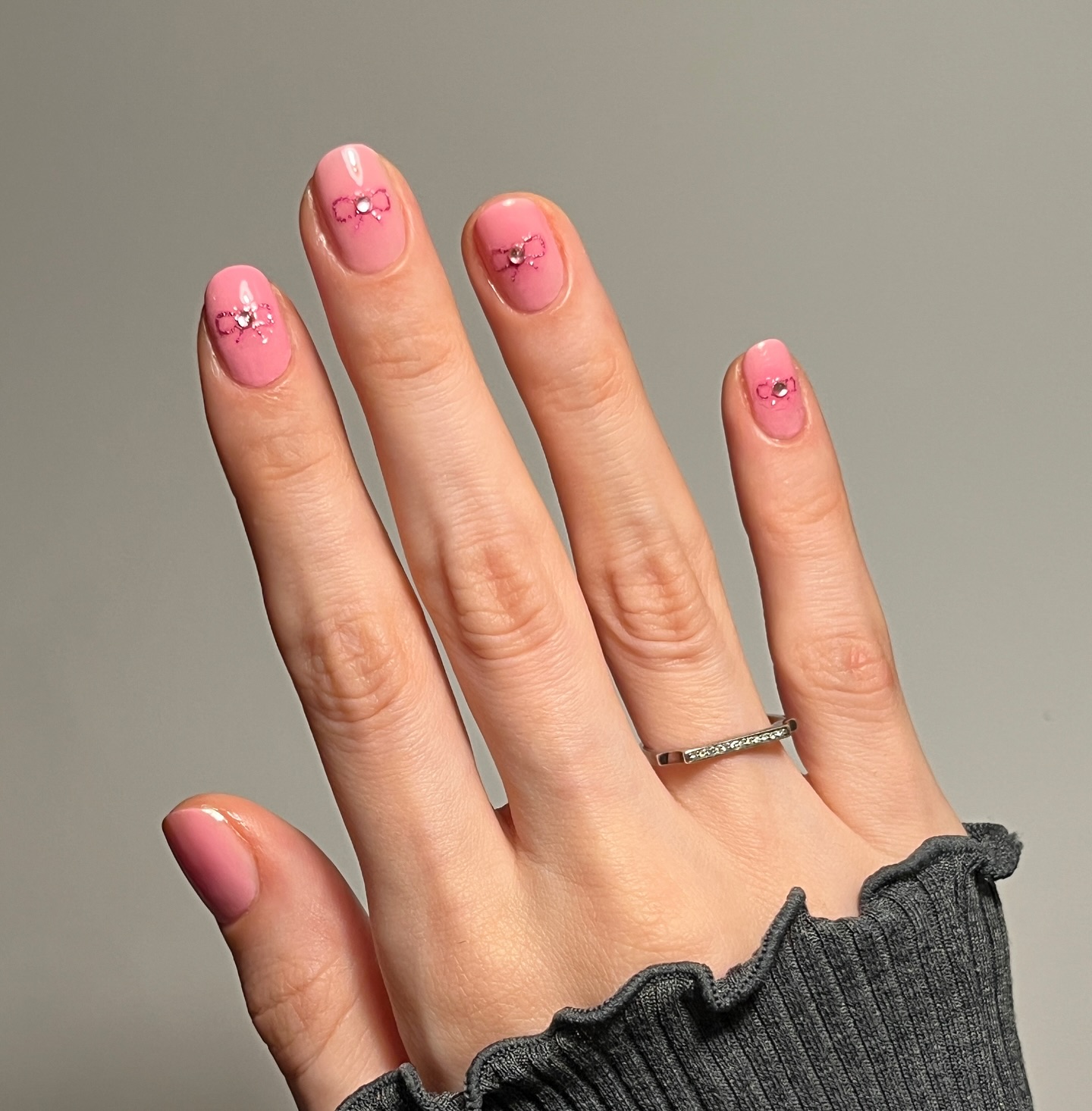 @pink_oblivion baby pink nails with ribbon nail art