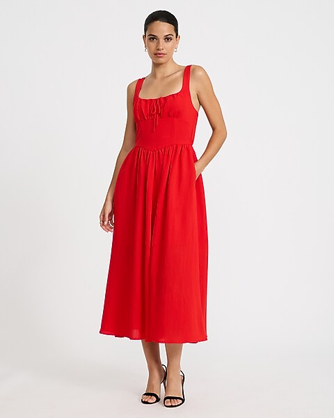 Express, Tie Neck Dipped Waist Smocked Back Midi Dress with Pockets