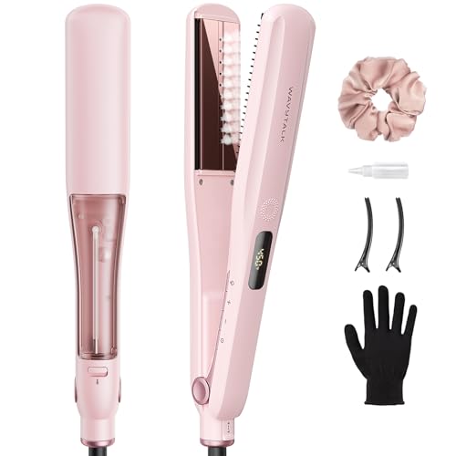 Wavytalk Steam Hair Straightener, Steam Sesh, Steam Reduces Damage, Nourishes Hair & Expedites Straightening, 1.38'' Nano Titanium Flat Iron With Detachable Comb for Silk Press Smoothing, Sakura Pink