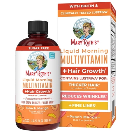 Maryruth's Liquid Multivitamin + Hair Growth With Biotin 10000mcg, Lustriva, Vegan Gluten-Free, Peach Mango Flavor, Adults Ages 18+, 15.22 Fl Oz