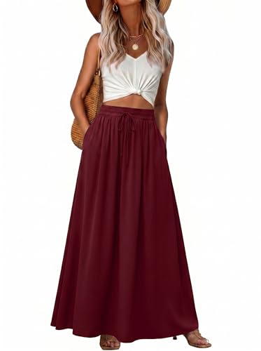 Grecerelle Womens Summer Long Skirts Ladies Casual Maxi Drawstring Elastic A-Line High Waist Boho Skirt With Pockets for Women Uk (burgundy, L)