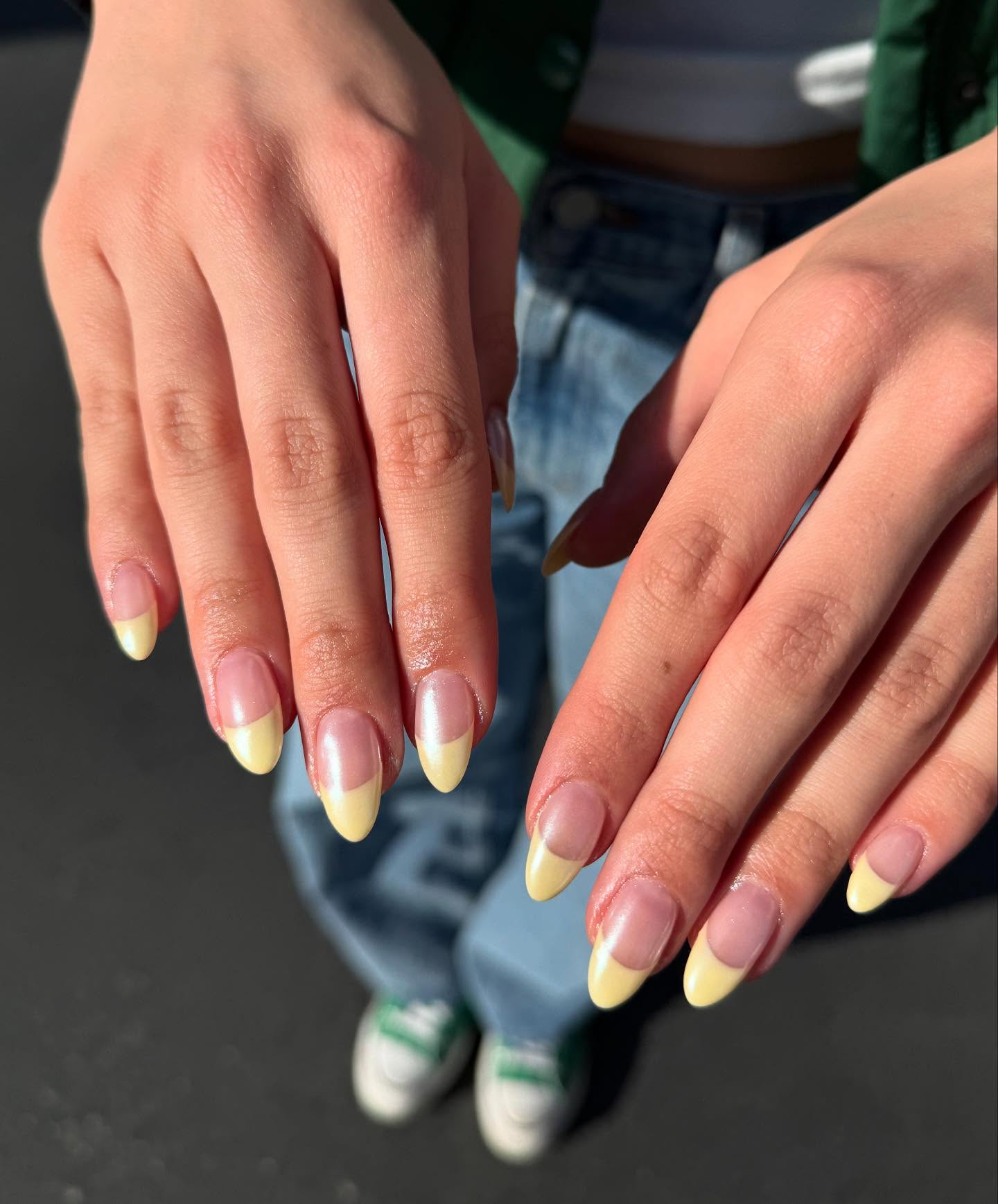 Thick French yellow tips with chrome.