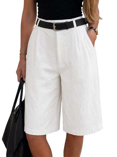 Exlura Women Bermuda Shorts Knee Length Cotton Faux Linen Shorts Work Office Outfits Summer Beach High Waisted Shorts Pockets White