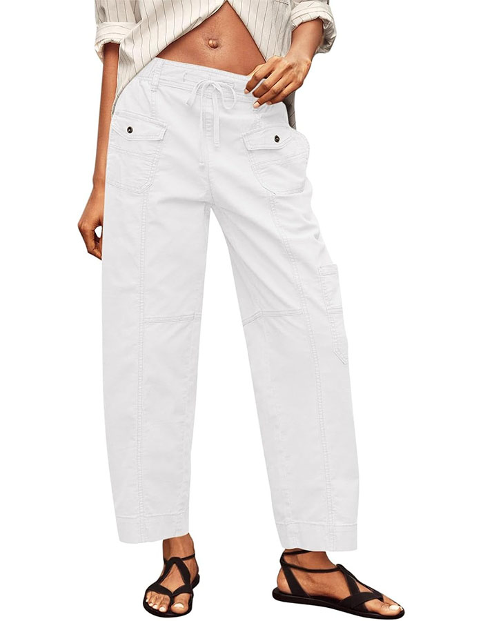 Fisoew Womens 100% Cotton Cargo Pants Drawstring Elastic Waist Casual Hiking Work Pants With Multiple Pockets White