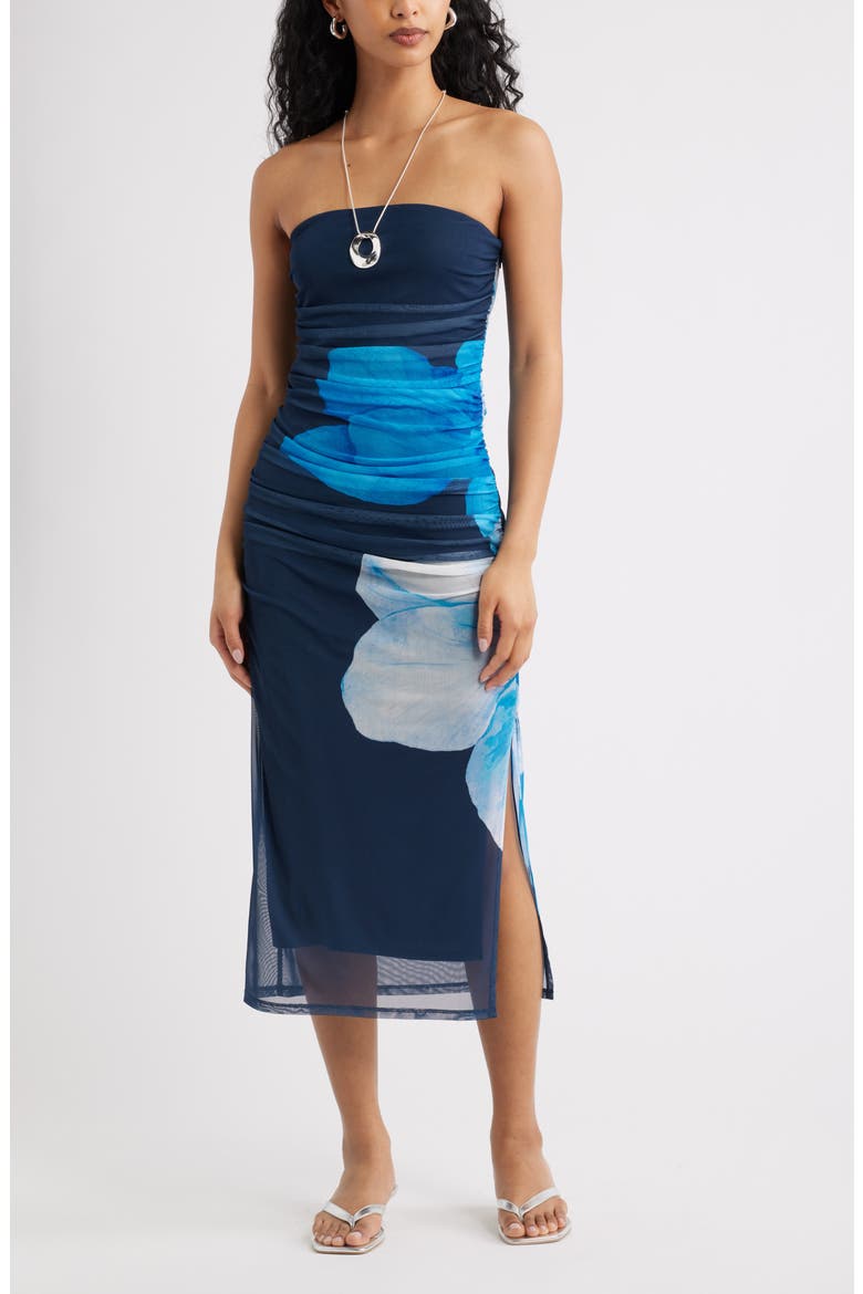 Ruched Strapless Mesh Dress
