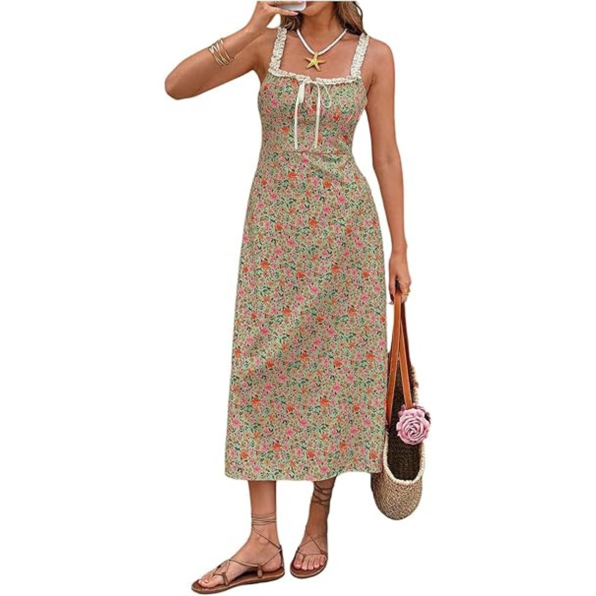 Gorglitter Women's Coquette Ditsy Floral Holiday Sundress Tie Front Lace Trim Ruched Bust Flared Flowy Midi Cami Dresses Green Medium