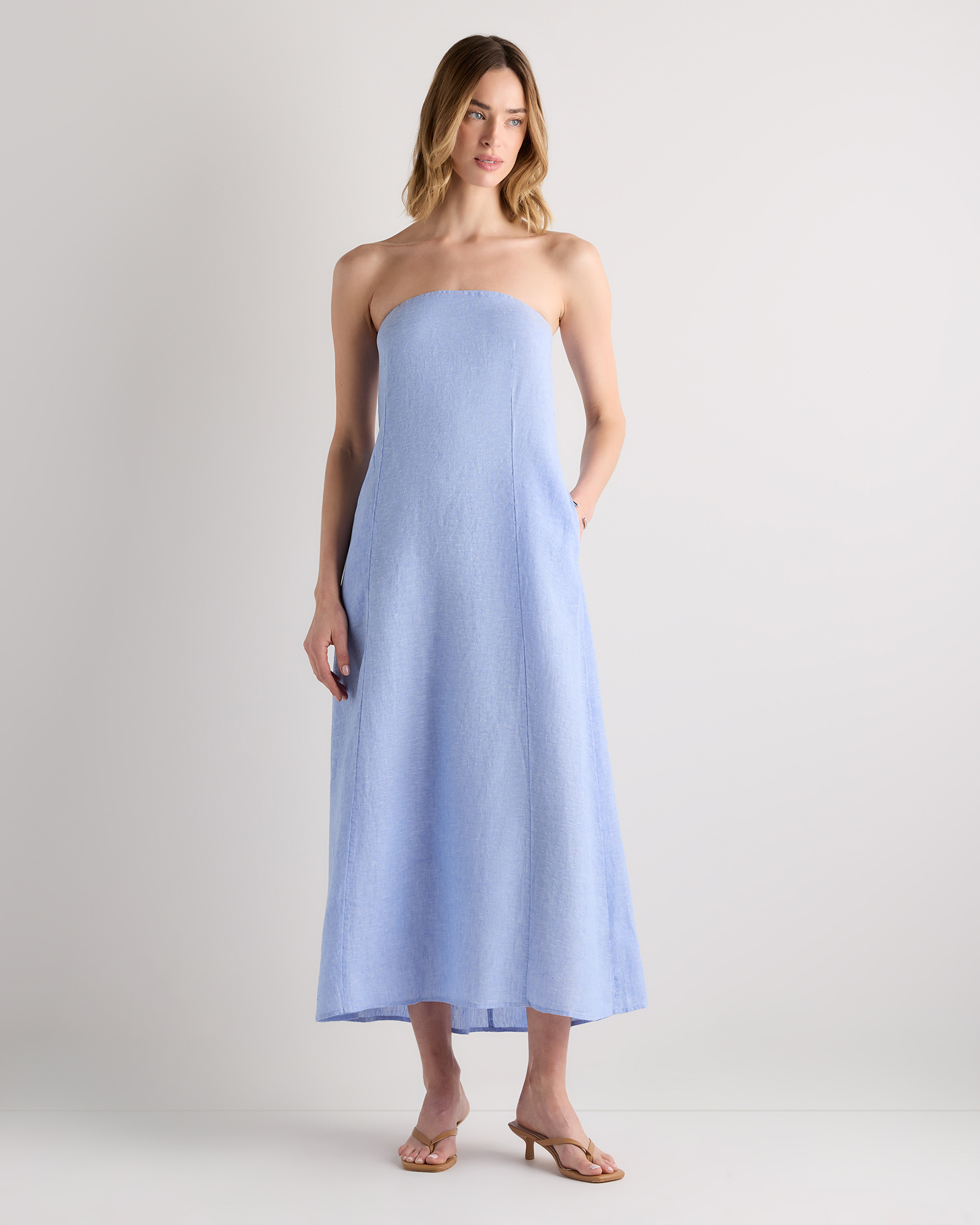 100% European Linen Strapless Maxi Dress in French Blue