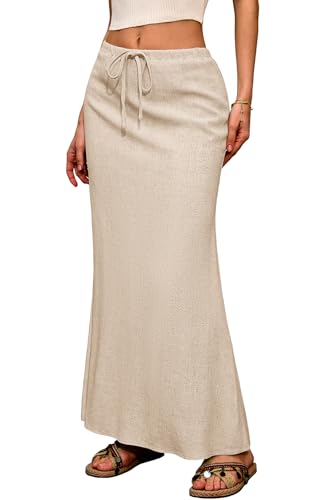 Elleven Linen Maxi Long Flowy Skirt for Women Trendy Summer With Slit Elastic Waist Drawstring Casual Beach Holiday Low Rise Cotton Sexy Curvy Boho Mermaid Skirts Floor Ankle Length Beige Large
