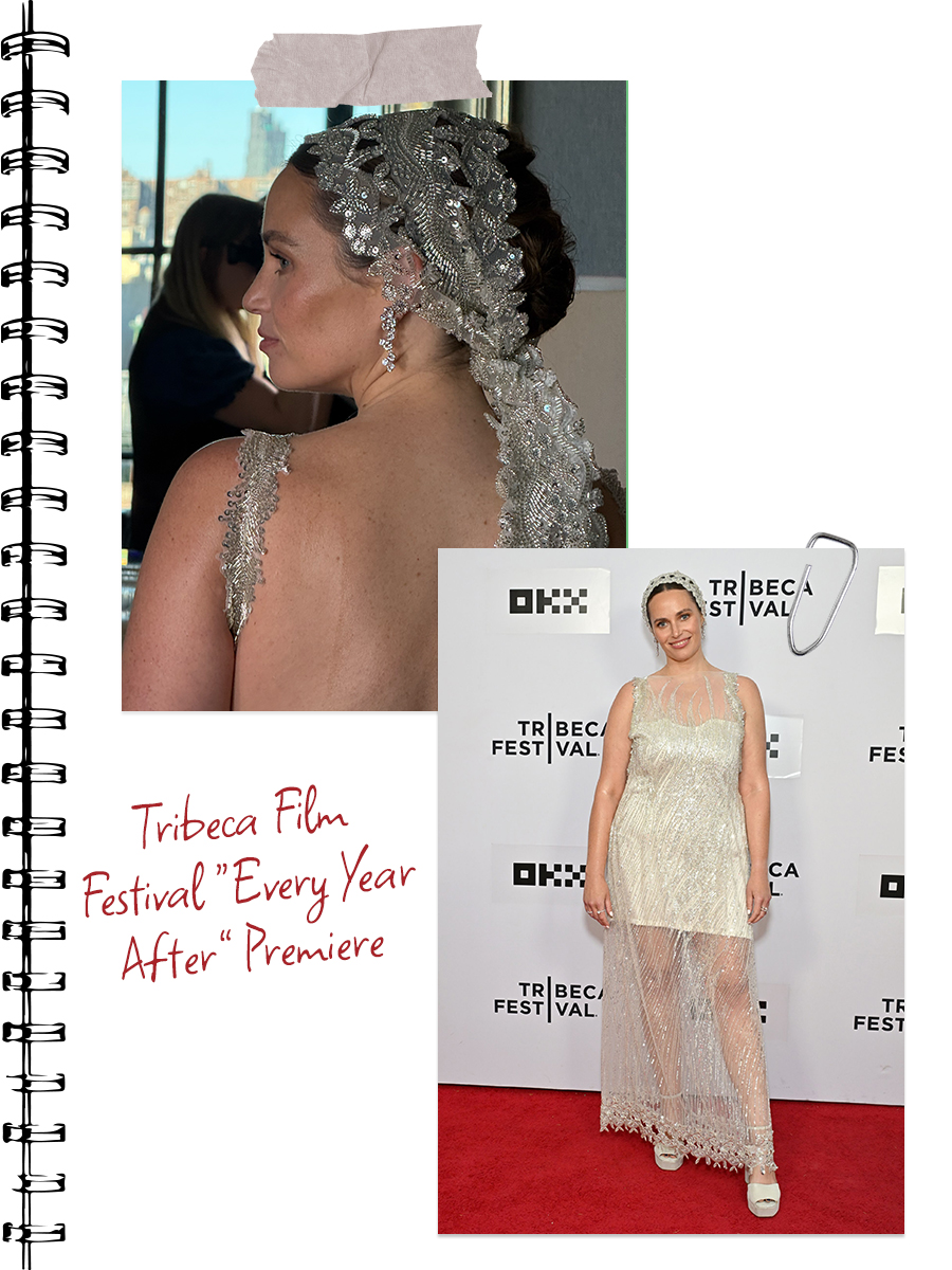 Top left: Photo of Carley Fortune's silver lace headpiece. Bottom right: Carley Fortune on the red carpet at the Tribeca Film Festival premiere of Every Year After.