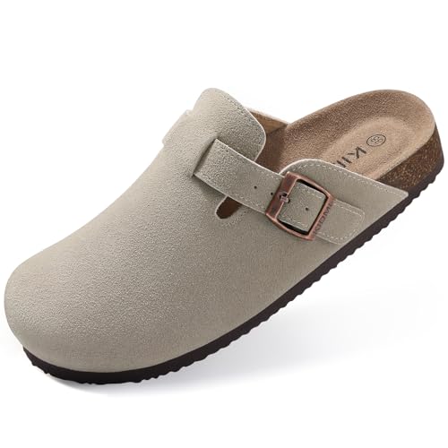 Shevalues Women's Suede Clogs Leather Mules Cork Footbed Sandals Slides Potato Shoes With Arch Support Grey