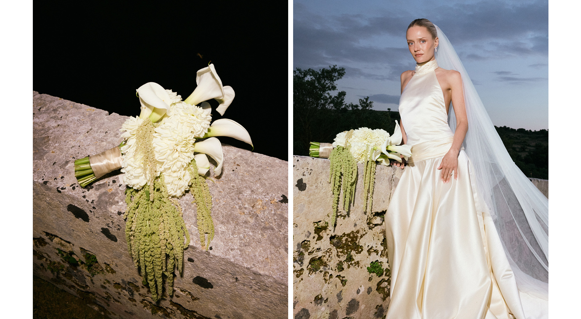 Karoline in her wedding dress holding a bouquet.