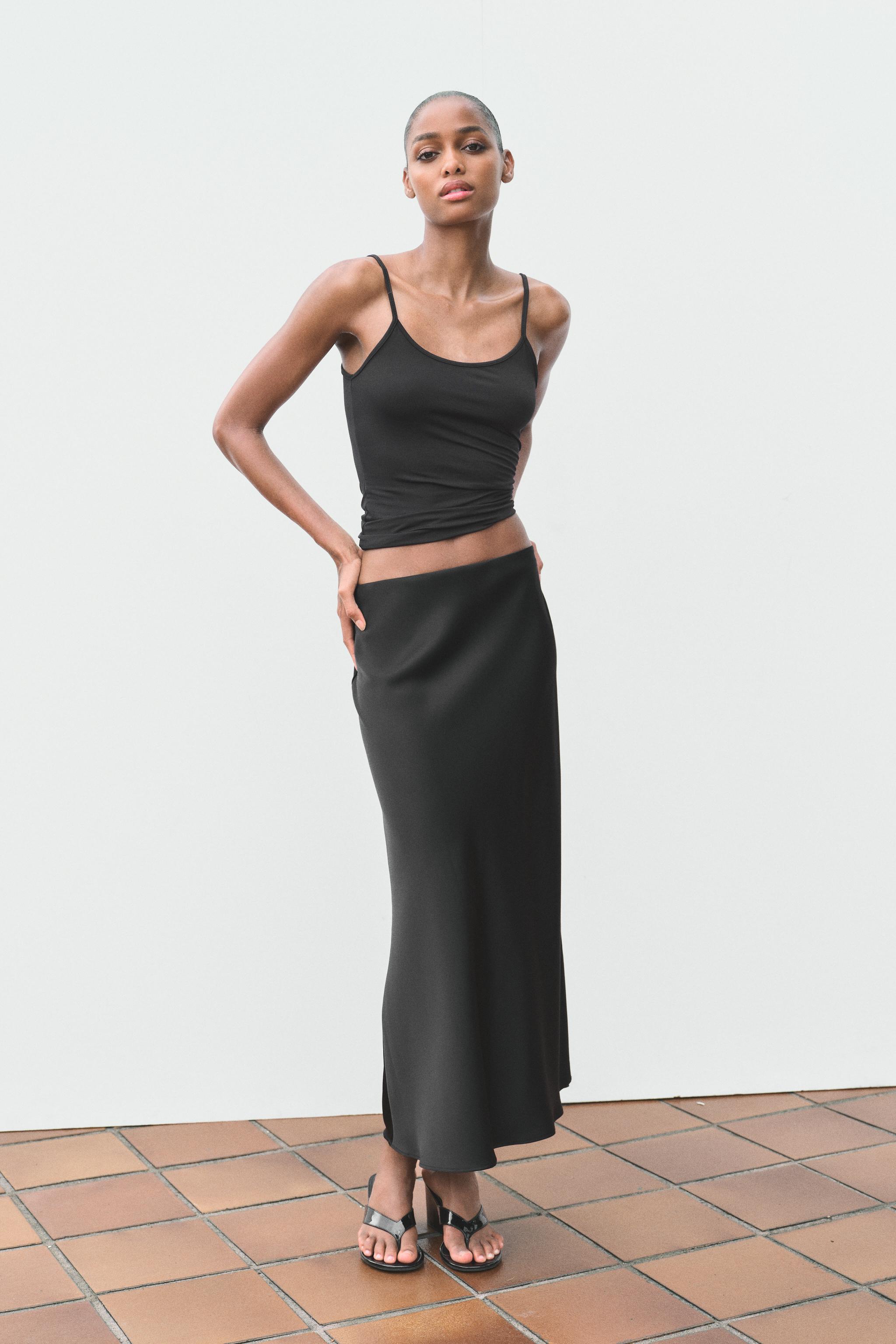 Satin Midi Skirt - Black - Xs