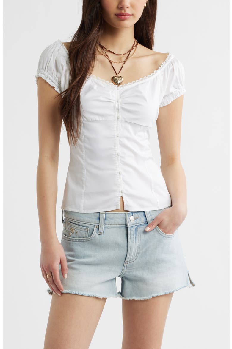 Lace Trim Stretch Cotton Button-Up Top