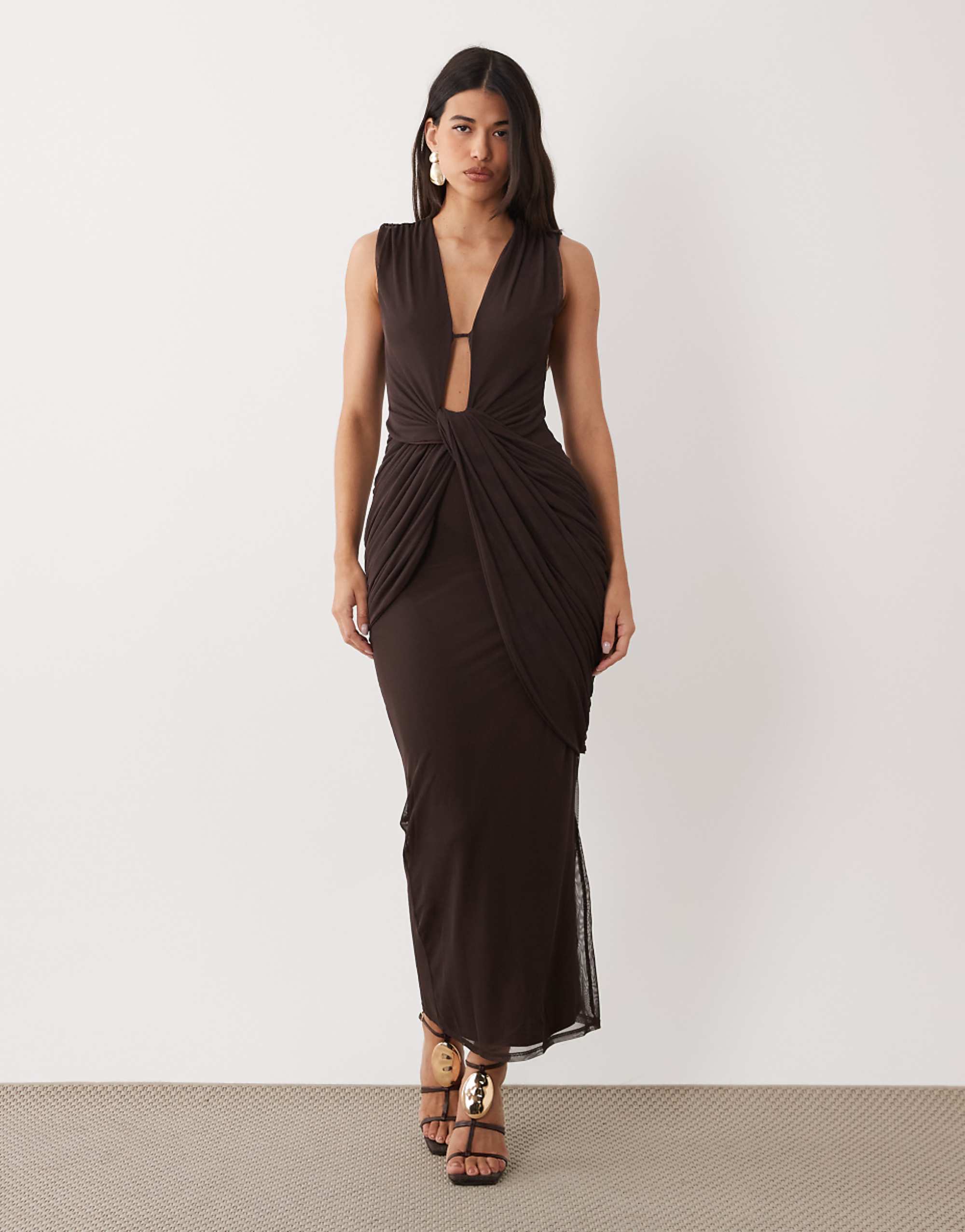 Asos Design Plunge Neck Gather Detail Mesh Maxi Dress in Chocolate