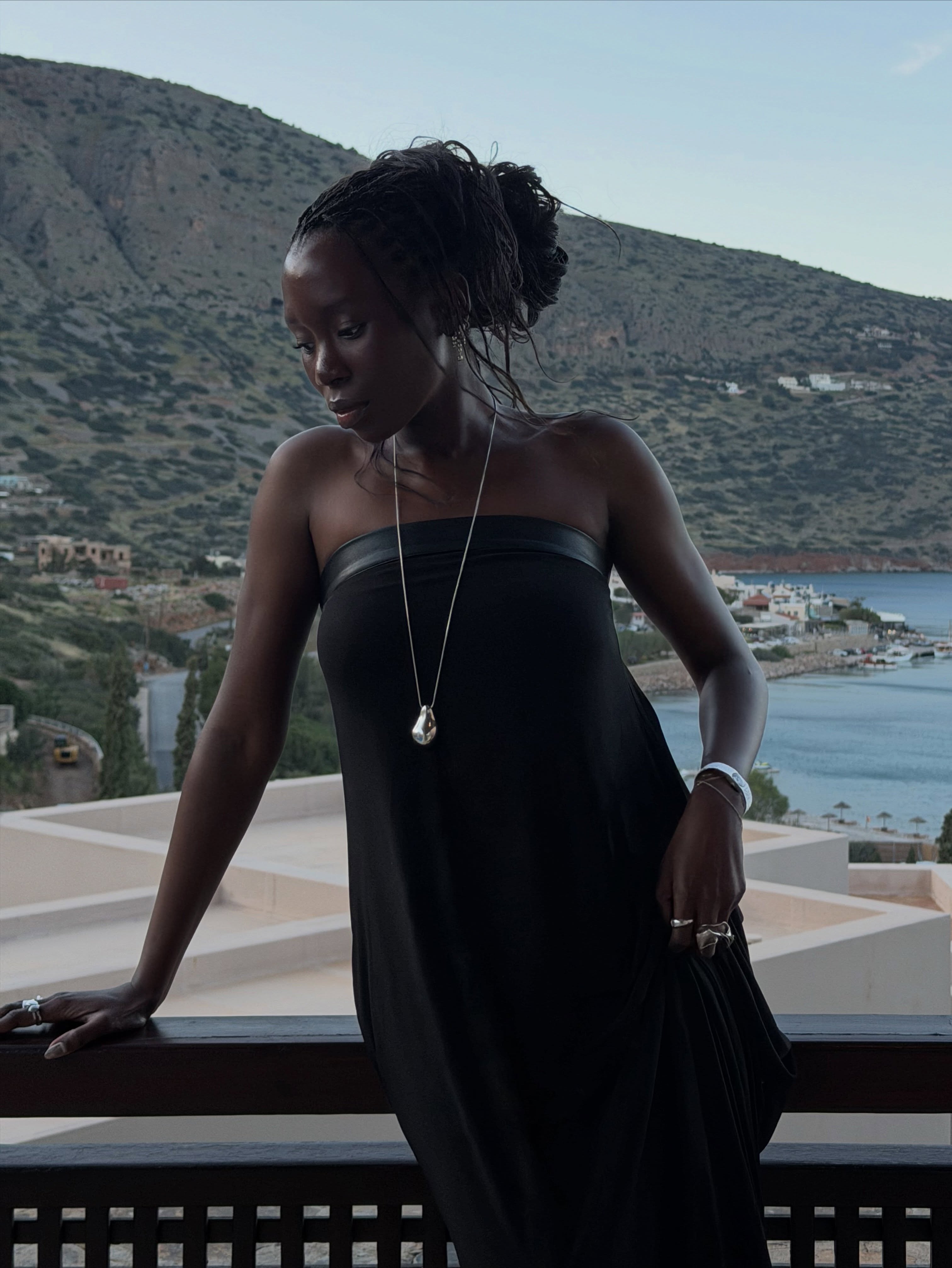 Danielle in a black dress in Greece