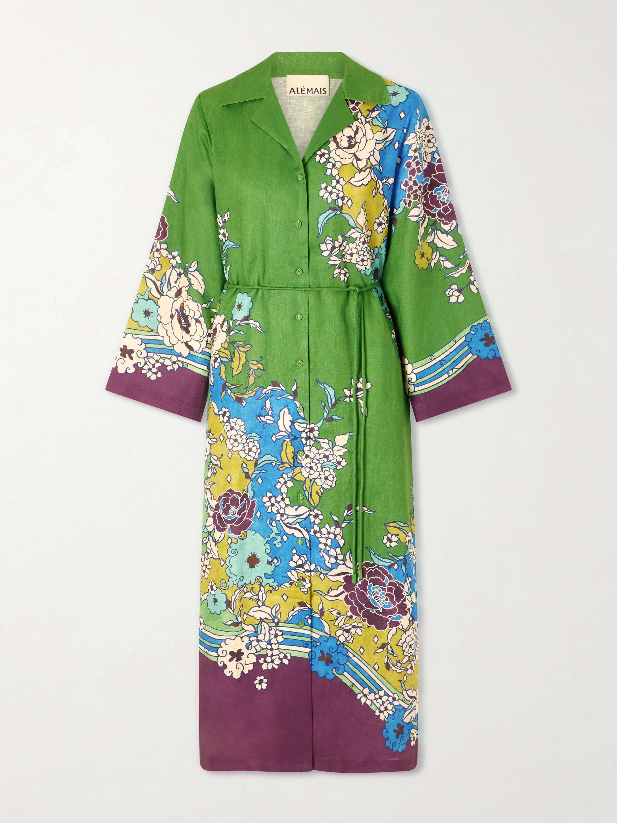 Nanci Belted Floral-Print Linen Midi Dress