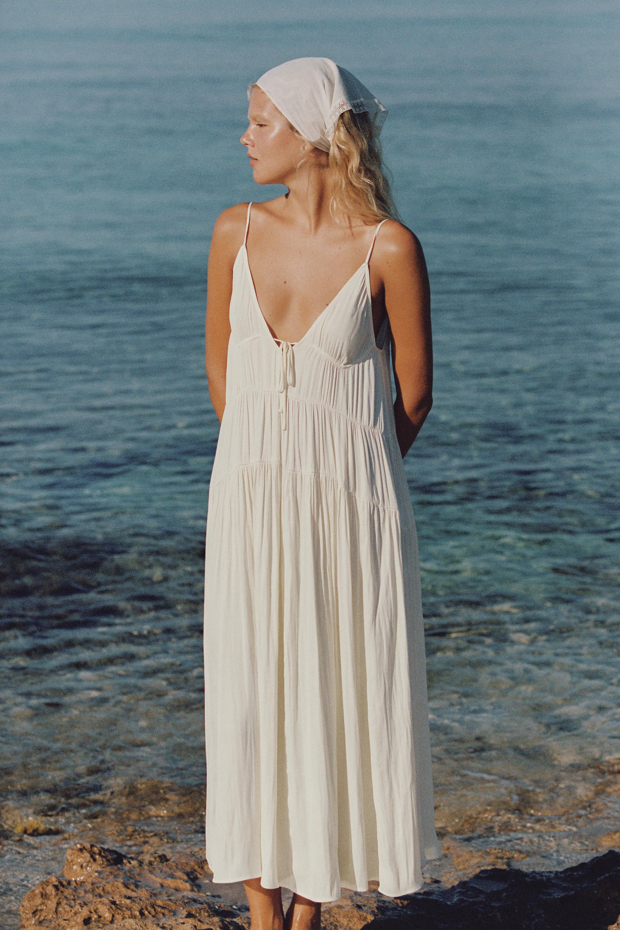Long Gathered Satin Dress - Ecru - Xs-S