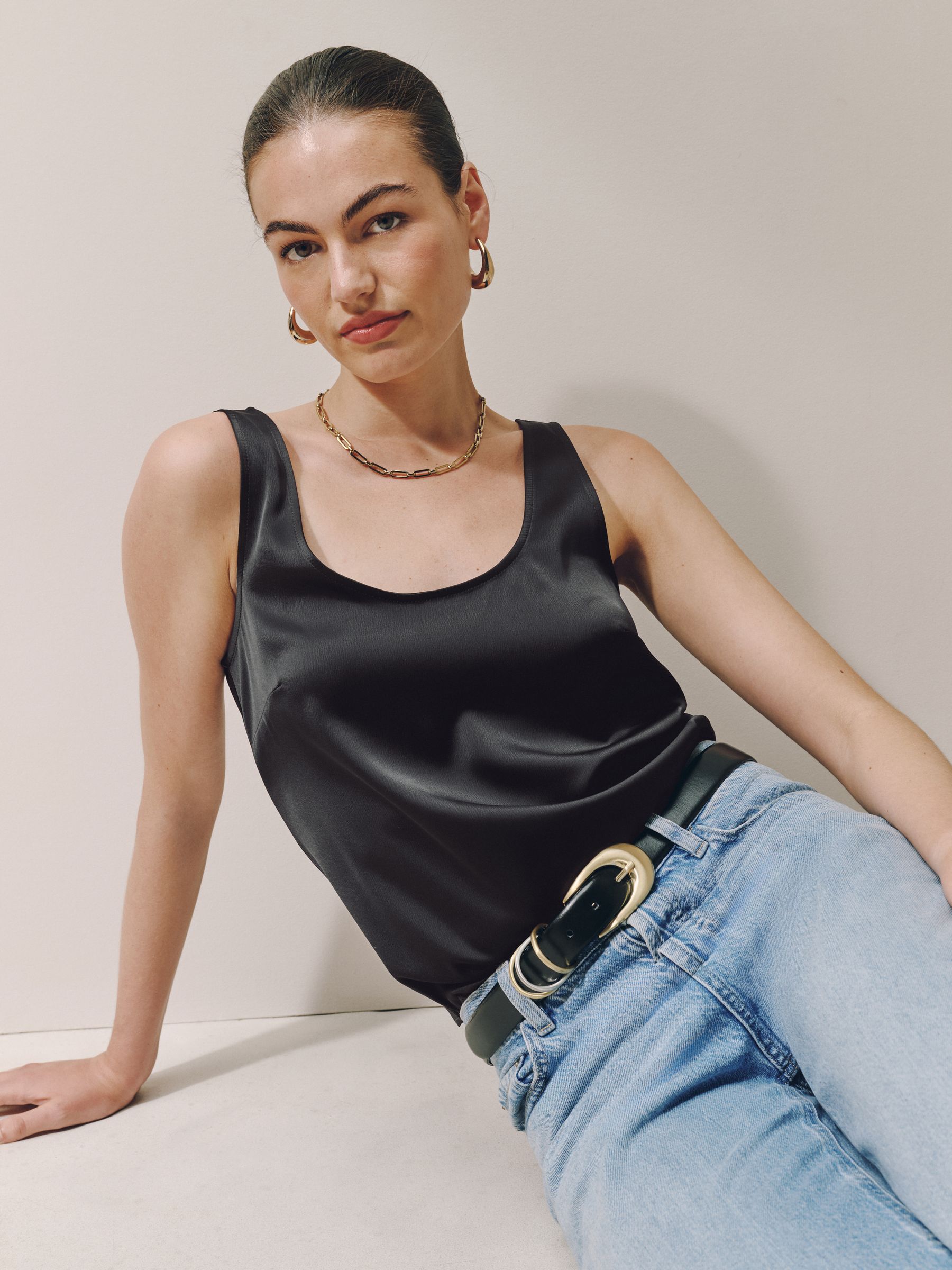 Black Satin Scoop Neck Cami Top - Size 4