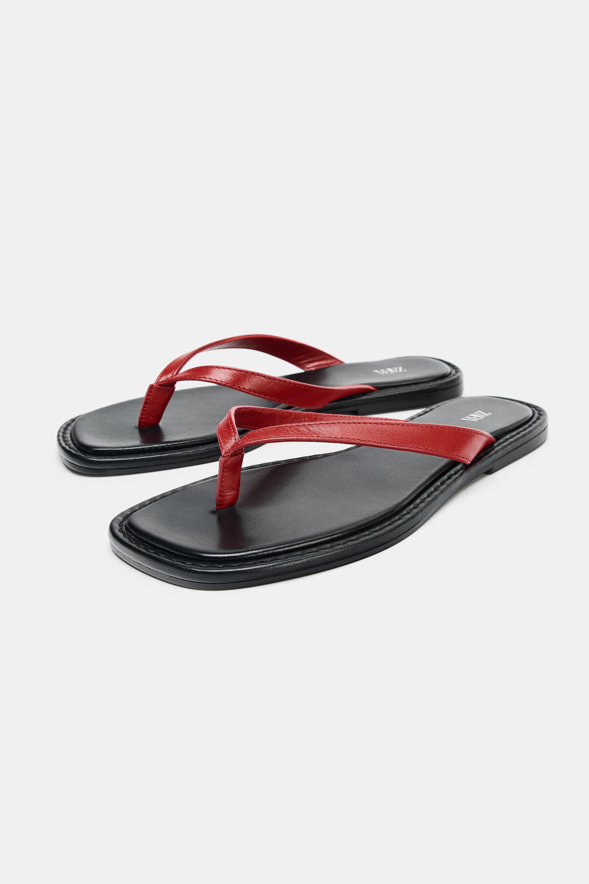 Contrast Leather Sandals - Red - 5