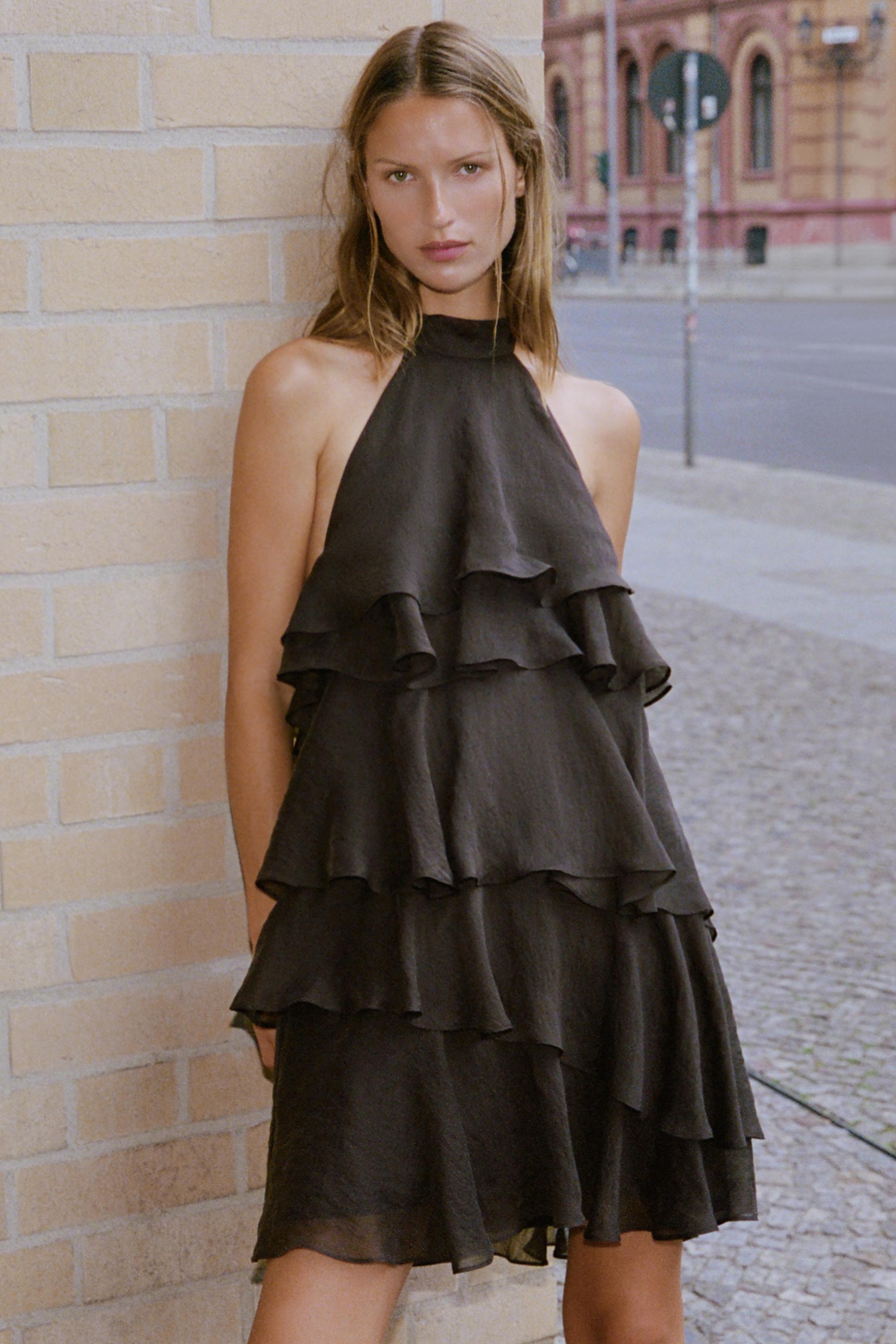 Short Ruffled Dress - Brown - Xs