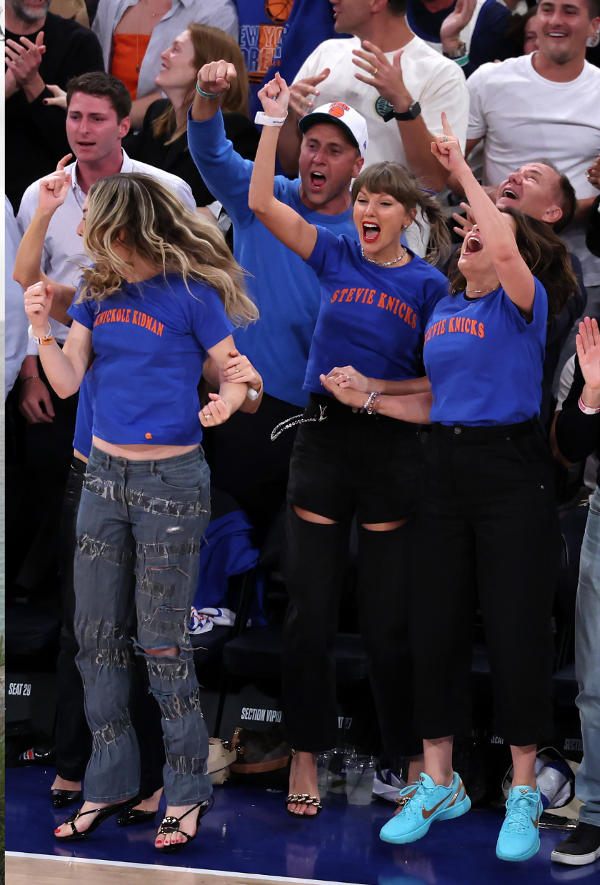 Este Haim, Taylor Swift, and Mariska Hargitay react during the fourth quarter in Game Four of the 2026 NBA Finals between the San Antonio Spurs and the New York Knicks
