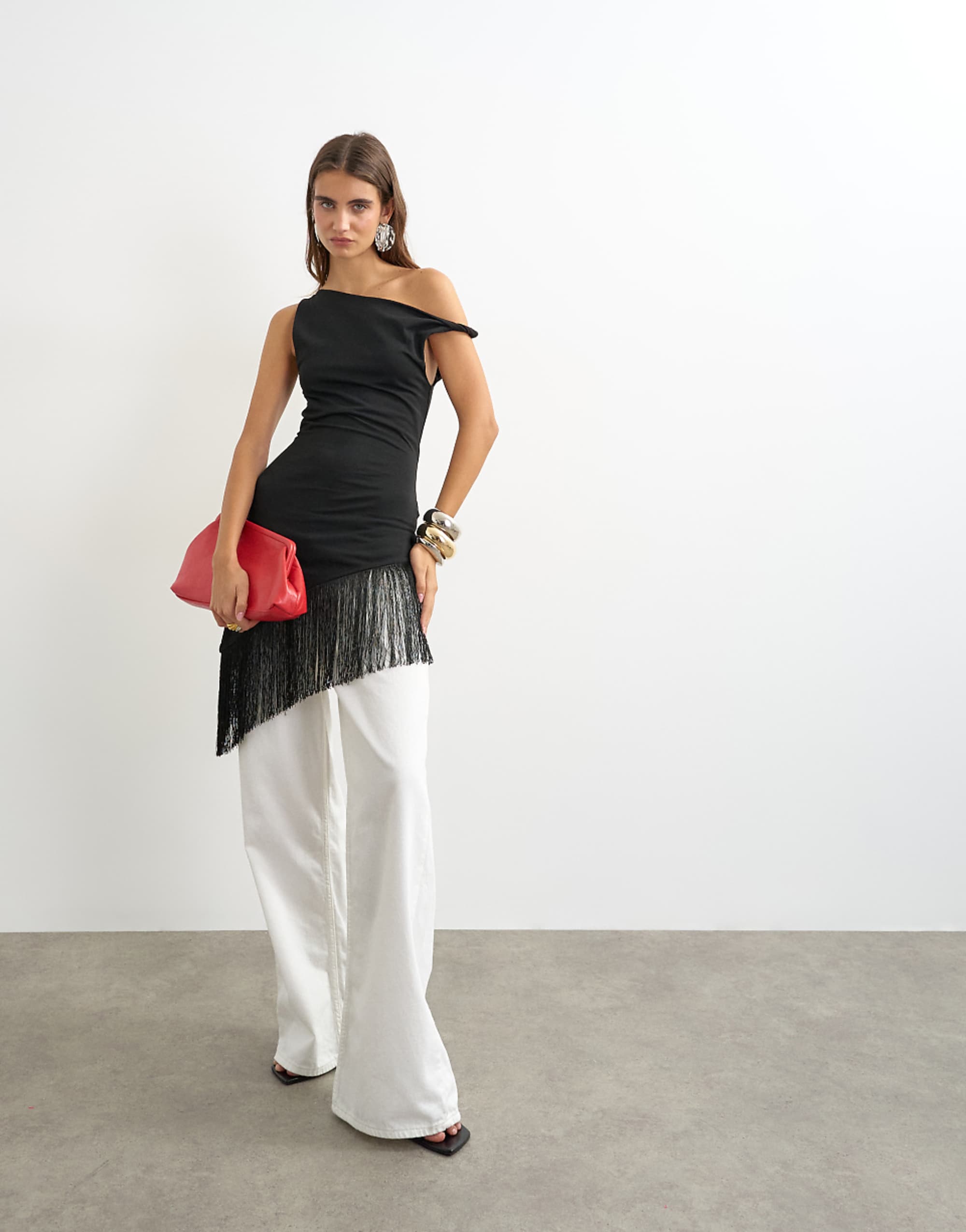 Topshop Fringe Hem Asymmetric Top in Black