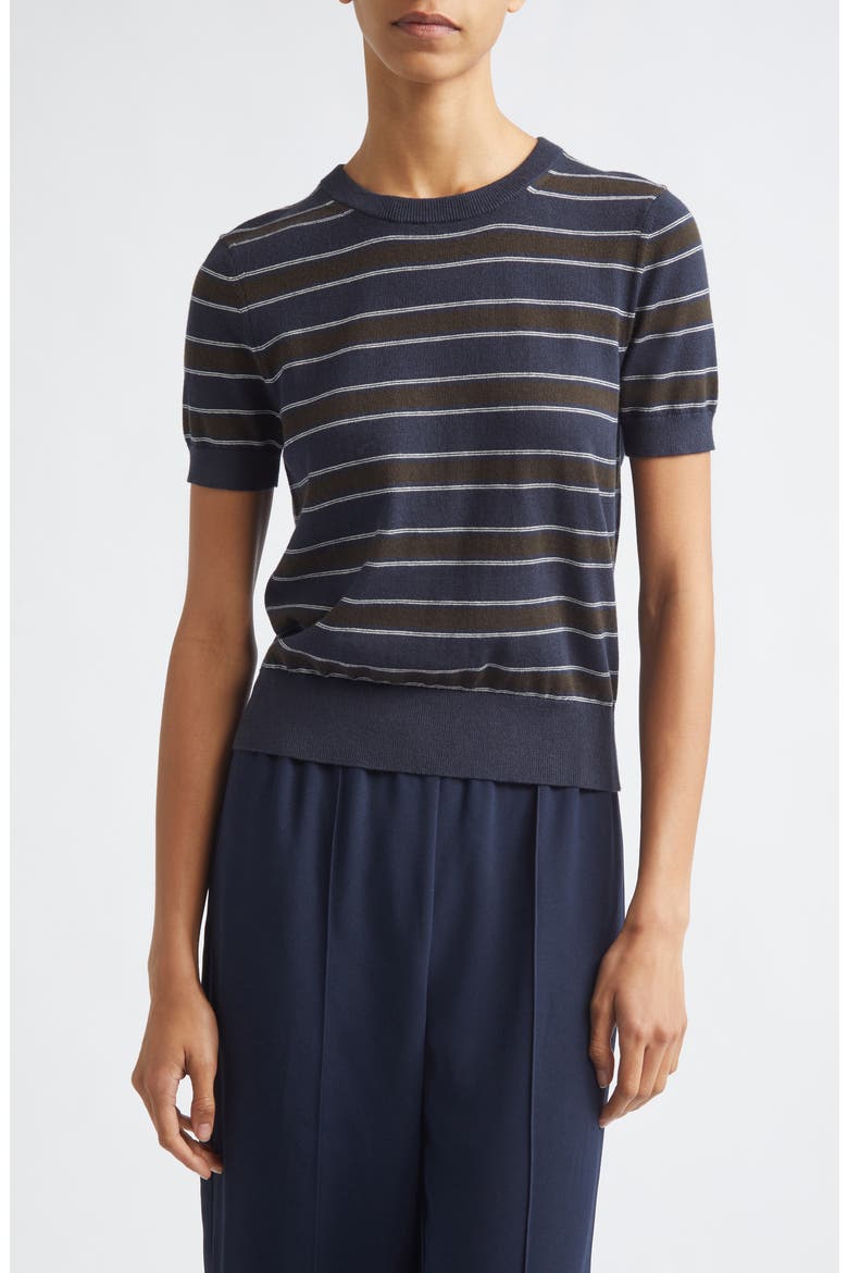 Stripe Short Sleeve Cotton & Cashmere Sweater T-Shirt