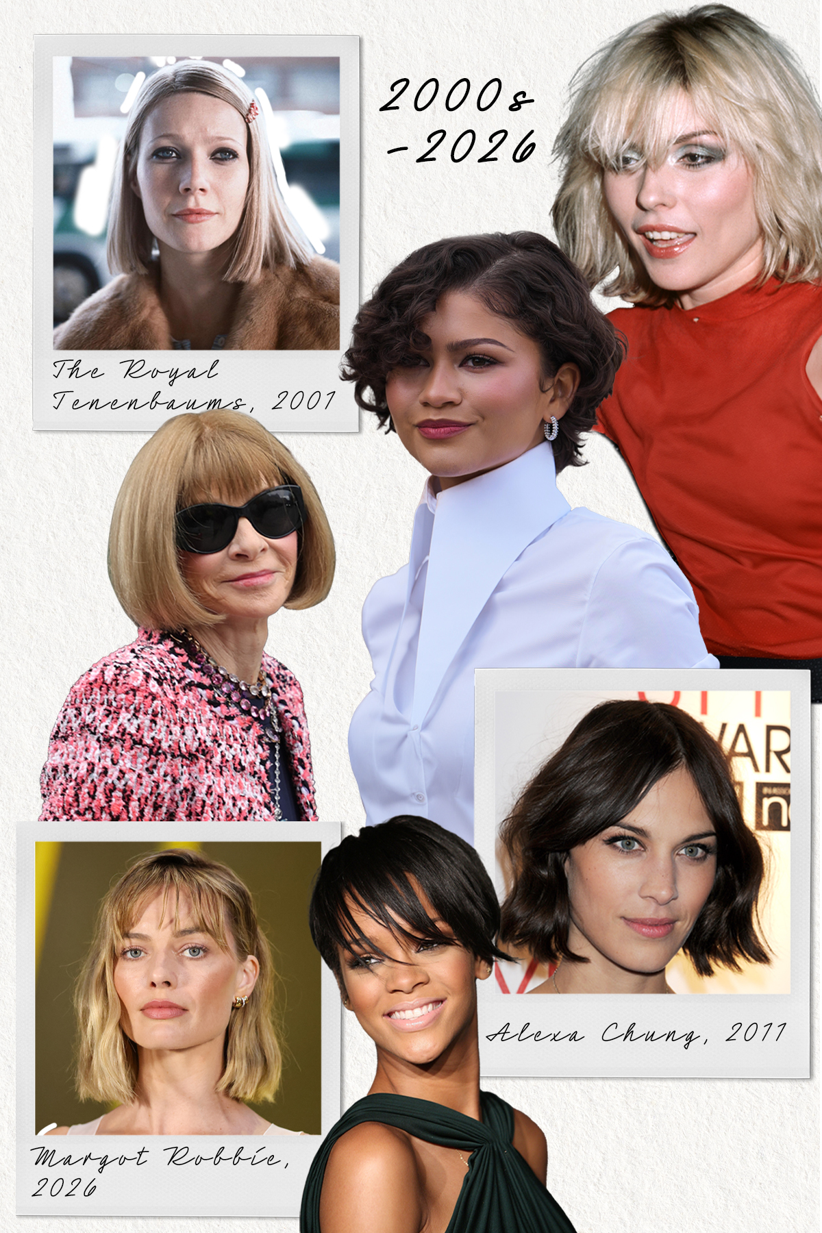 A collage showing short haircut moments from 2000 to 2026