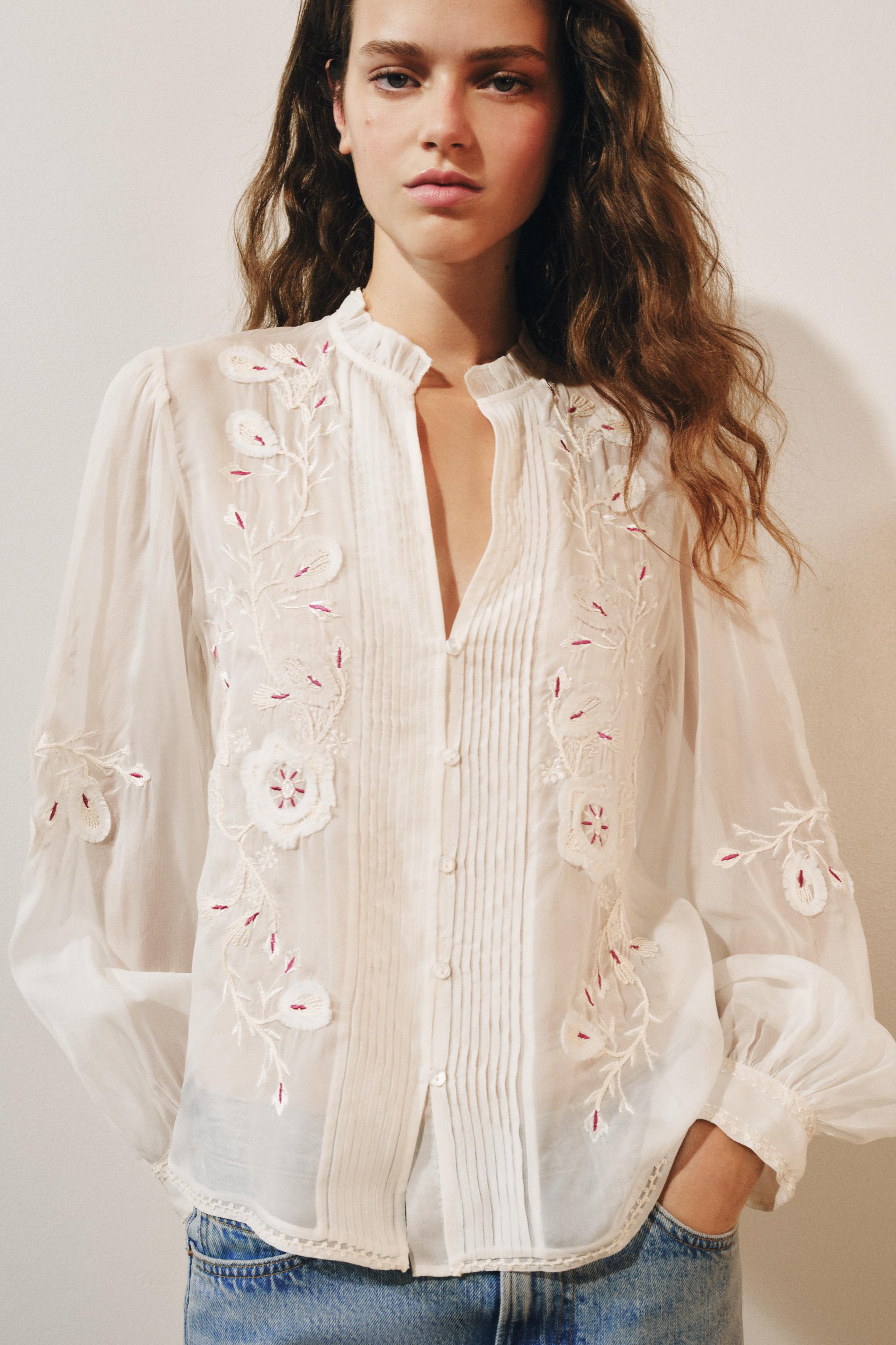 Zw Collection Embroidered Organza Shirt - Ecru - Xs