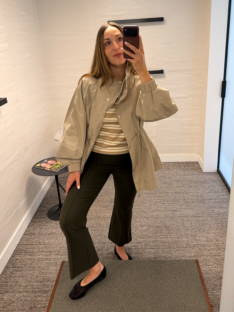 Anna LaPlaca trying on fall fashion items from the Nordstrom Anniversary Sale